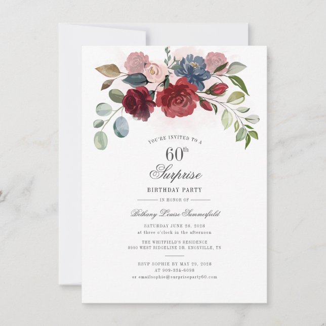 Floral Script Burgundy Blush 60th Birthday Party Invitation (Front)