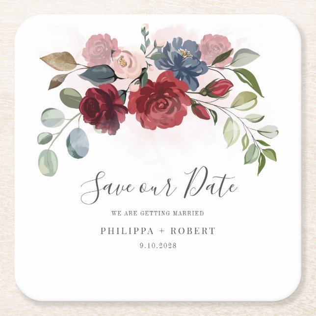 Floral Script Burgundy Wedding Save the Date Square Paper Coaster (Front)
