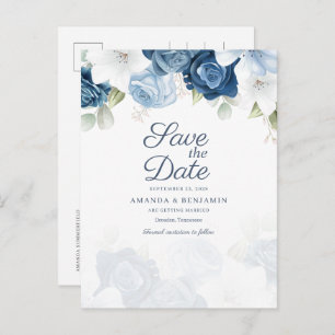 Floral Script Dusty Blue Wedding Save The Date Announcement Postcard