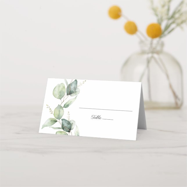 Floral Script Eucalyptus Botanical Wedding Place Card (Front)