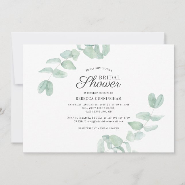 Floral Script Eucalyptus Greenery Bridal Shower Invitation (Front)