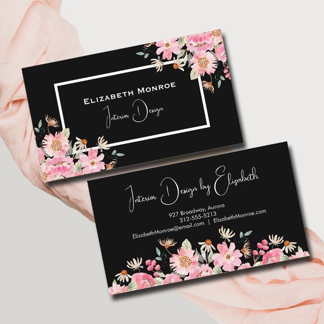 Floral Script Interior Design Black  Business Card (Creator Uploaded)