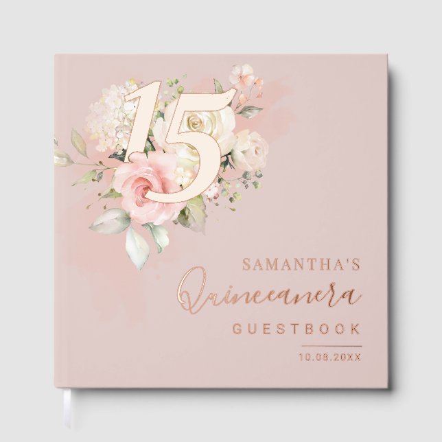 Floral Script Modern 15th Birthday Quinceanera Guest Book (Front)