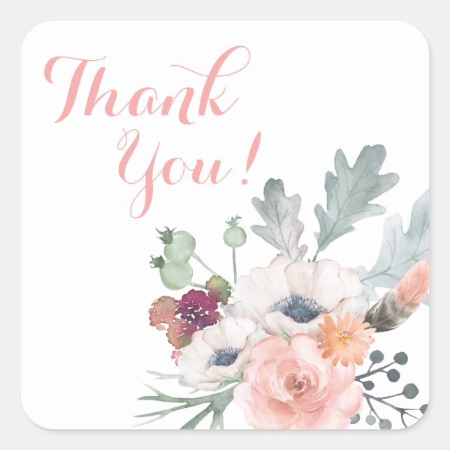 Floral Script Pink Elegant Peonies Roses Thank You Square Sticker (Front)