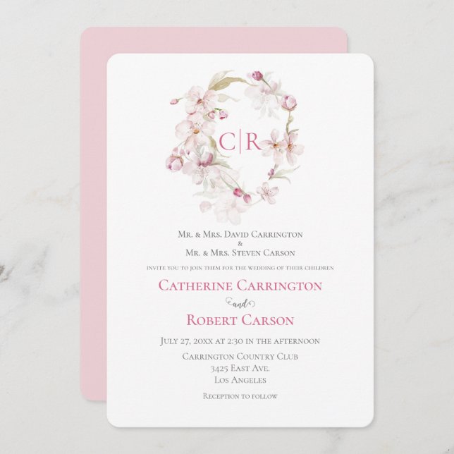 Floral Script Pink Watercolor Wedding Invitation (Front/Back)