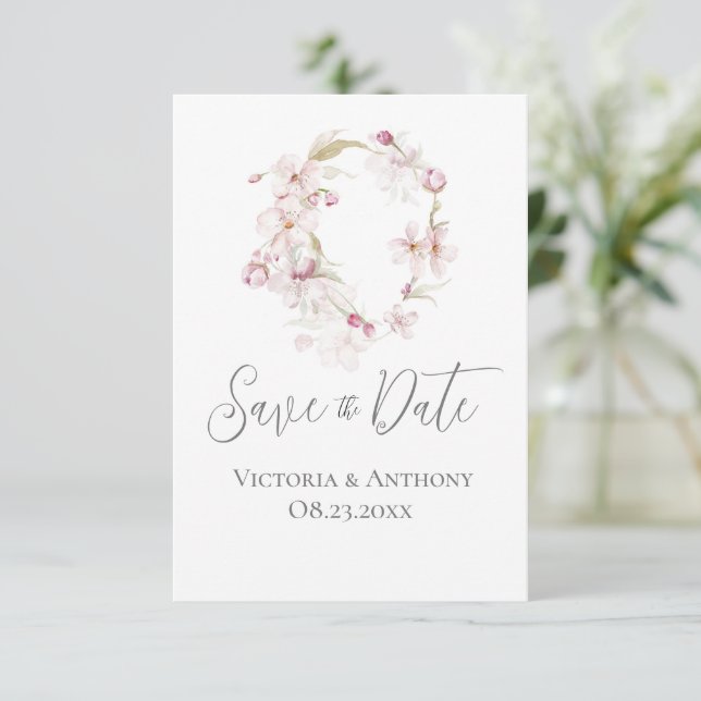 Floral Script Pink Wedding Save the Date (Standing Front)