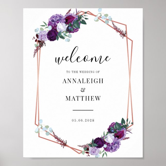 Floral Script Purple Geometric Wedding Welcome Poster (Front)
