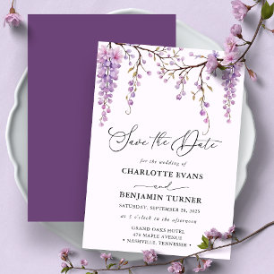 Floral Script Purple Wisteria Save The Date Card