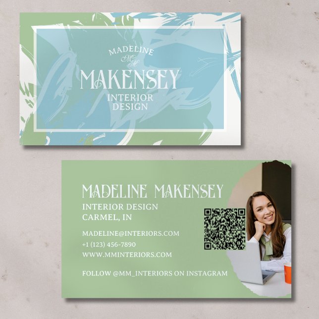 Floral Script QR Code Interior Design Photo Business Card (Advertise your personal small business with this floral card!)