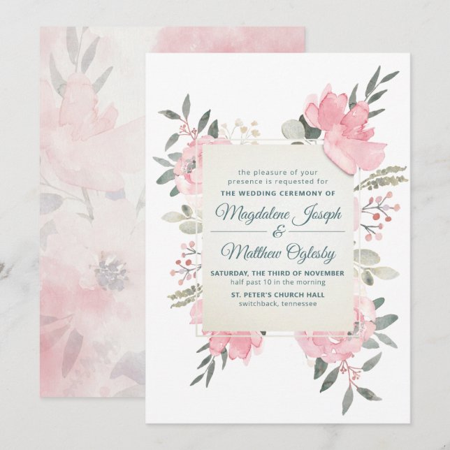 Floral Script Watercolor Bloom Wedding Invitation (Front/Back)