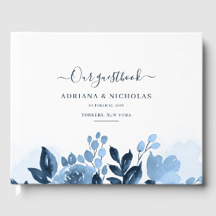 Floral Script Watercolor Navy Blue Wedding Guest Book