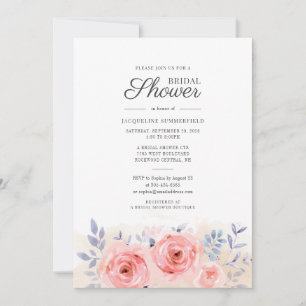 Floral Script Watercolor Pink Roses Bridal Shower Invitation