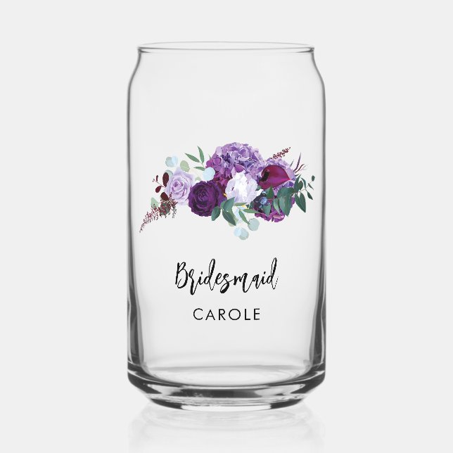 Floral Script Watercolor Wedding Bridesmaid Can Glass (Front)