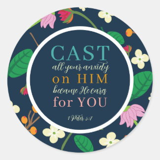 Floral Scripture 1 Peter 5:7  Classic Round Sticker
