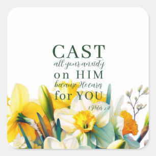 Floral Scripture 1 Peter 5:7 Square Sticker