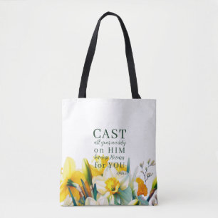 Floral Scripture 1 Peter 5:7 Tote Bag