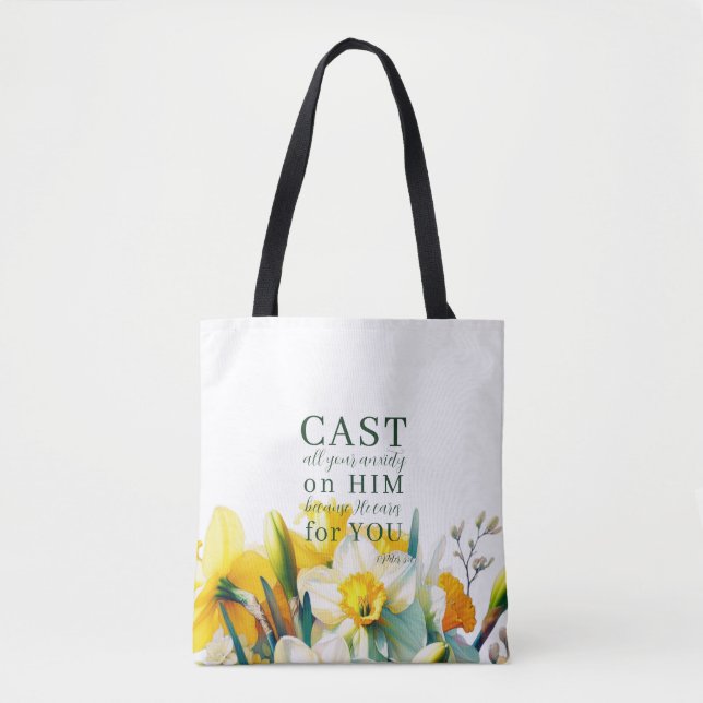 Floral Scripture 1 Peter 5:7 Tote Bag (Front)