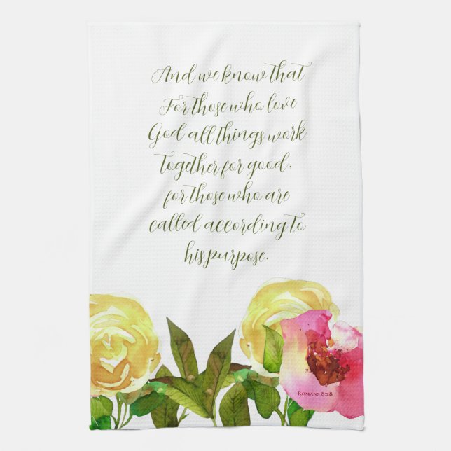 Floral Scripture Romans 8:28  Tea Towel (Vertical)