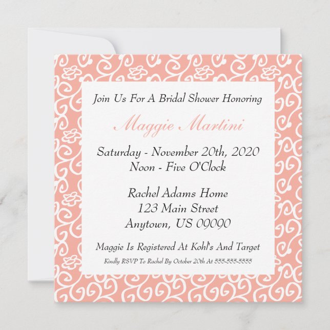 Floral Scroll Bridal Shower Invitation (Peach) (Front)