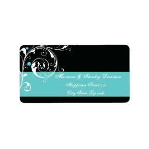 Floral scroll leaf black aqua wedding label