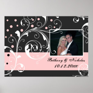 Floral scroll leaf black pale pink wedding photo poster