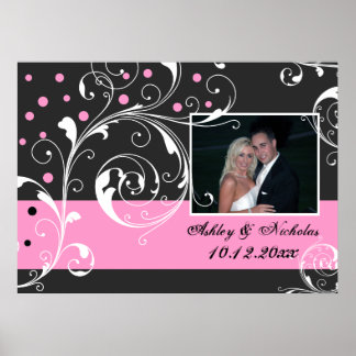 Floral scroll leaf black pink wedding photo poster