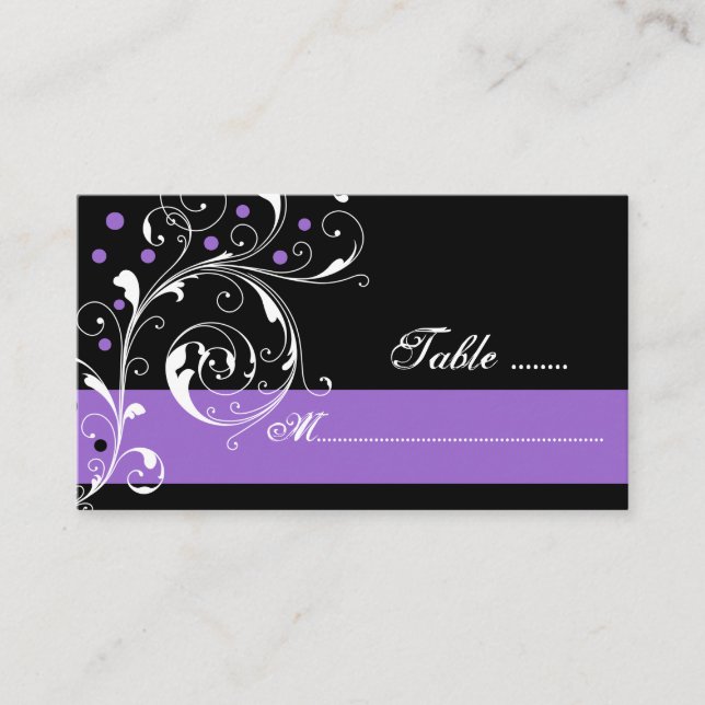 Floral scroll leaf black purple wedding place card (Front)
