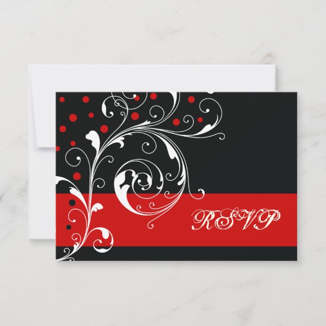 Floral scroll leaf black, red wedding RSVP (Front)