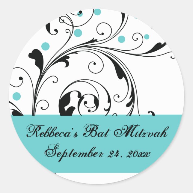 Floral scroll leaf black, white, aqua Bat Mitzvah Classic Round Sticker (Front)