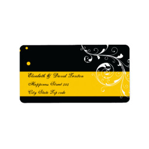 Floral scroll leaf black, yellow wedding label