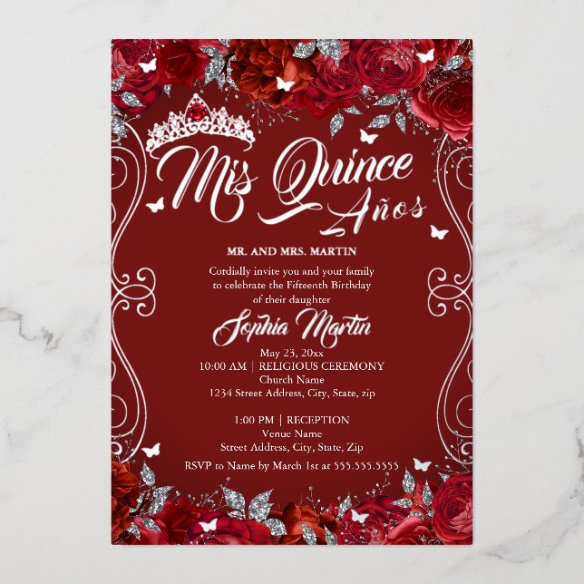 Floral Scroll Ruby Red Mis Quince Quinceanera  (Front)