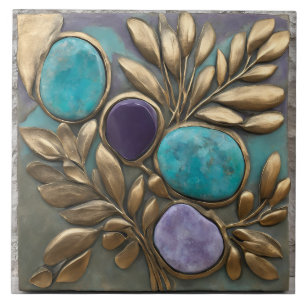 Floral Sculpture in Turquoise, Gold and purple Tile