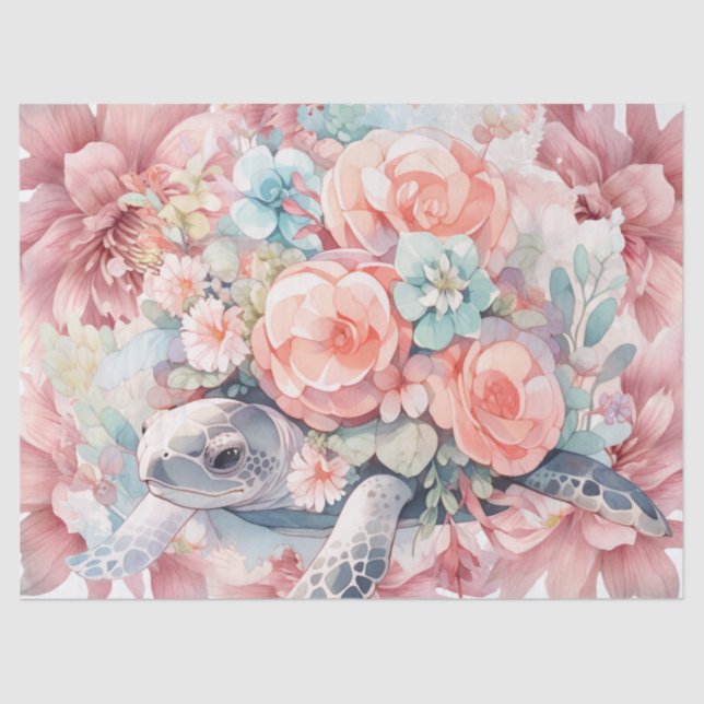 Floral Sea Turtle & Pink Flowers  Tissue Paper (Front)