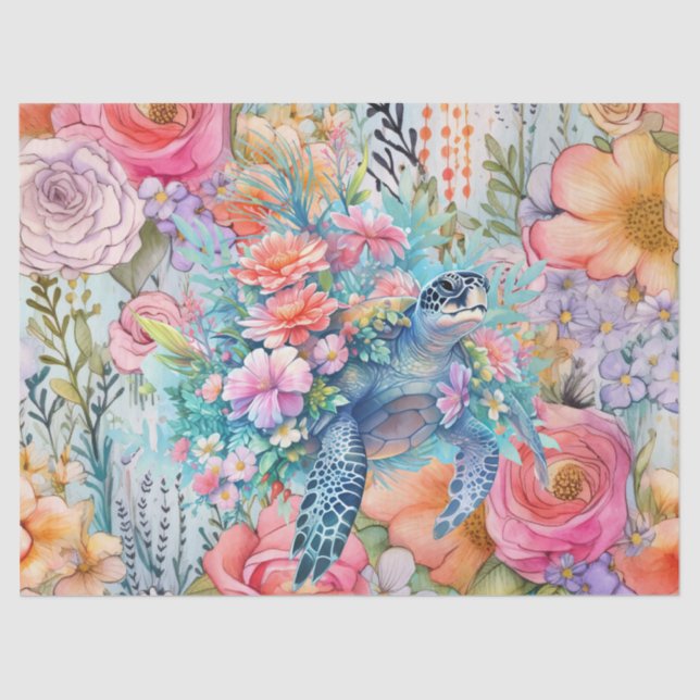 Floral Sea Turtle & Pink Flowers  Tissue Paper (Front)