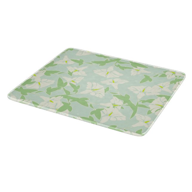 Floral Seafoam Green And White Glass Cutting Board (Corner)