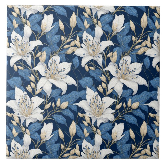 Floral Seamles Pattern Big Liliy White Blue Leaves Tile (Front)