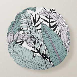 Floral seamless leaves pattern with tropical plant round cushion
