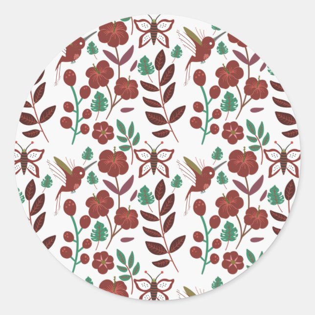 Floral seamless pattern birds and butterflies classic round sticker (Front)