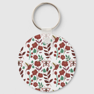Floral seamless pattern birds and butterflies key ring