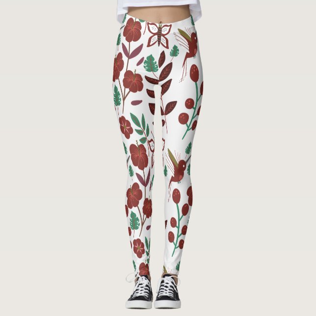 Floral seamless pattern birds and butterflies leggings (Front)