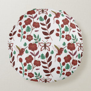 Floral seamless pattern birds and butterflies round cushion