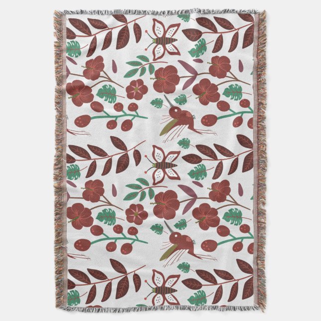 Floral seamless pattern birds and butterflies throw blanket (Front Vertical)