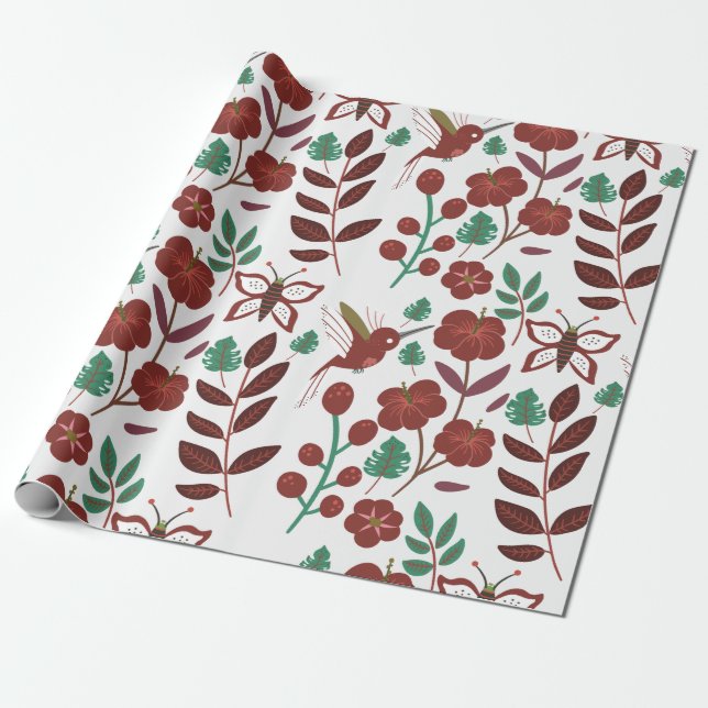 Floral seamless pattern birds and butterflies wrapping paper (Unrolled)