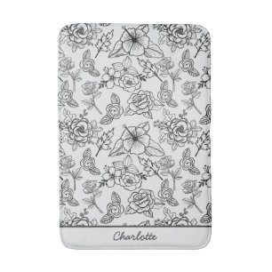 Floral seamless pattern black & white personalised bath mat