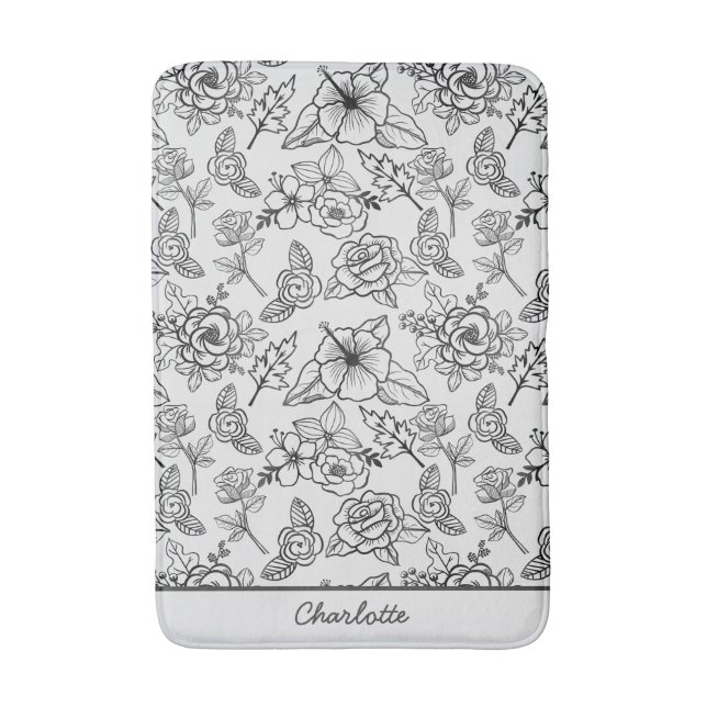 Floral seamless pattern black & white personalised bath mat (Front Vertical)