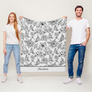 Floral seamless pattern black & white personalised fleece blanket