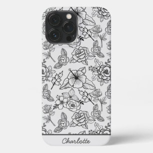 Floral seamless pattern black & white personalised iPhone 13 pro max case