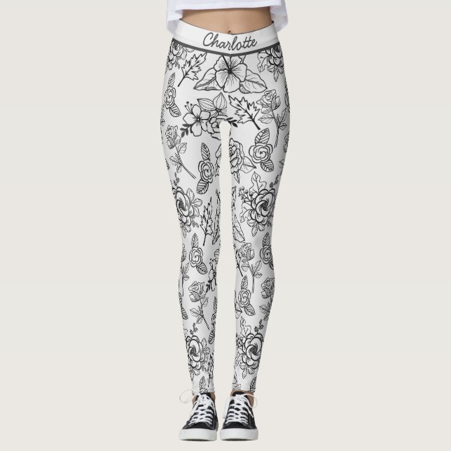 Floral seamless pattern black & white personalised leggings (Front)