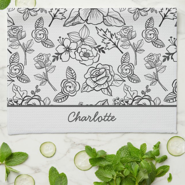Floral seamless pattern black & white personalised tea towel (Folded)
