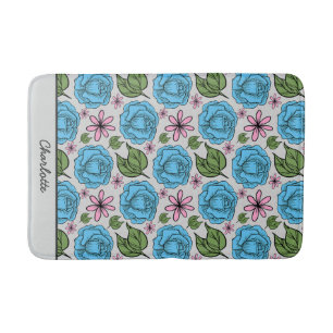 Floral seamless pattern blue & pink personalised  bath mat